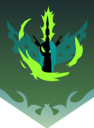 Size: 1438x1951 | Tagged: dead source, safe, artist:the-clockwork-crow, queen chrysalis, changeling, changeling queen, g4, banner, female, flag, magic, solo