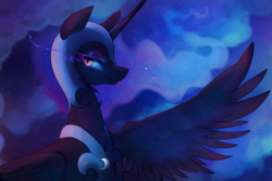 Size: 1500x1000 | Tagged: safe, artist:maren, nightmare moon, alicorn, pony, g4, :p, female, looking at you, mare, solo, spread wings, tongue out, wings