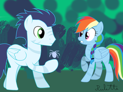 Size: 1024x768 | Tagged: dead source, safe, artist:rulette, rainbow dash, soarin', pegasus, pony, spider, g4, alternate hairstyle, blank flank, braid, duo, duo male and female, female, james cameron's avatar, male, mare, parody, ship:soarindash, shipping, shocked, stallion, straight