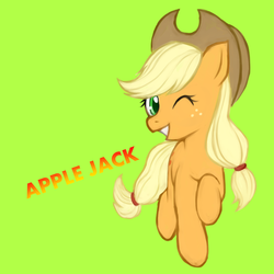 Size: 1024x1024 | Tagged: safe, artist:nolilty, applejack, g4, female, one eye closed, pixiv, running, simple background, solo