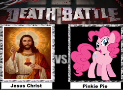 Size: 730x534 | Tagged: safe, pinkie pie, g4, christianity, death battle, exploitable meme, jesus christ, meme, religion