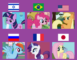 Size: 900x700 | Tagged: safe, applejack, fluttershy, pinkie pie, rainbow dash, rarity, twilight sparkle, g4, amerijack, brazil, flag, france, israel, japan, jewnicorn, mane six, russia, united states