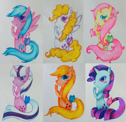 Size: 1024x992 | Tagged: safe, artist:airyu, applejack (g1), firefly, posey, sparkler (g1), surprise, twilight, g1, blushing, bow, g1 six, tail bow, traditional art