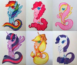 Size: 1024x869 | Tagged: safe, artist:airyu, applejack, fluttershy, pinkie pie, rainbow dash, rarity, twilight sparkle, alicorn, pony, g4, blushing, female, mane six, mare, traditional art, twilight sparkle (alicorn)