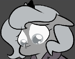 Size: 427x337 | Tagged: safe, artist:egophiliac, princess luna, moonstuck, g4, animated, eye shimmer, female, filly, grayscale, lip quiver, monochrome, puppy dog eyes, sad, solo, woona