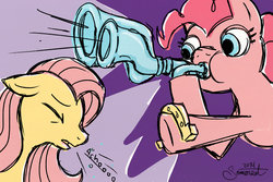 Size: 1024x683 | Tagged: safe, artist:one-real-summer, fluttershy, pinkie pie, g4, flugelhorn, horseshoes, phineas and ferb, sneezing, song reference