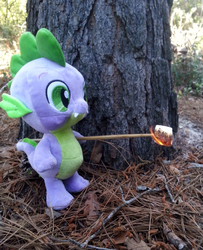 Size: 1000x1233 | Tagged: safe, artist:texasuberalles, spike, dragon, g4, fire, irl, marshmallow, photo, plushie, solo, spike plushie, toy, tree