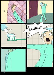 Size: 755x1057 | Tagged: safe, artist:afroquackster, lyra heartstrings, human, g4, comic, humanized, it's not equestria anymore, pony to human, toothbrush, toothpaste, transformation