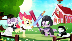 Size: 1600x916 | Tagged: safe, artist:pixelkitties, apple bloom, opalescence, spike, sweetie belle, g4, adorabloom, clothes, costume, crossover, cute, darth sidious, darth vader, diasweetes, emperor palpatine, jedi, leia skywalker, luke skywalker, mouth hold, nom, ponyville schoolhouse, princess leia, sith, spikabetes, star wars