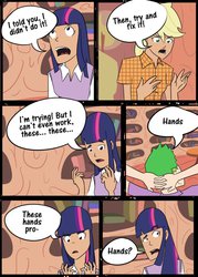 Size: 755x1057 | Tagged: safe, artist:afroquackster, applejack, spike, twilight sparkle, human, g4, comic, humanized, it's not equestria anymore, pony to human, transformation