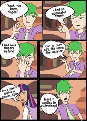 Size: 755x1057 | Tagged: safe, artist:afroquackster, spike, twilight sparkle, human, g4, comic, humanized, it's not equestria anymore
