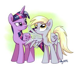 Size: 952x838 | Tagged: safe, artist:yulyeen, derpy hooves, twilight sparkle, alicorn, pegasus, pony, g4, abstract background, annoyed, butt touch, duo, fail, feathermarking, female, flapping, frown, kallisti, lesbian, mare, raised eyebrow, ship:twerpy, shipping, twilight sparkle (alicorn), twilight sparkle is not amused, unamused