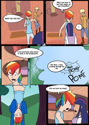 Size: 755x1057 | Tagged: safe, artist:afroquackster, applejack, rainbow dash, twilight sparkle, human, g4, clothes, cloud, comic, dialogue, hoodie, humanized, it's not equestria anymore, light skin, pony to human, ponytail, speech bubble, transformation