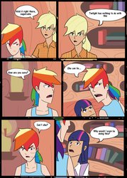 Size: 755x1057 | Tagged: safe, artist:afroquackster, applejack, rainbow dash, twilight sparkle, human, g4, comic, humanized, it's not equestria anymore, ponytail
