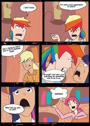 Size: 755x1057 | Tagged: safe, artist:afroquackster, applejack, pinkie pie, rainbow dash, twilight sparkle, human, g4, comic, humanized, it's not equestria anymore, ponytail