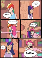 Size: 755x1057 | Tagged: safe, artist:afroquackster, pinkie pie, rainbow dash, twilight sparkle, human, g4, comic, humanized, it's not equestria anymore, ponytail