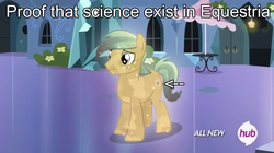 Size: 1776x998 | Tagged: safe, screencap, atomic crystal, beta particle, neighls bohr, crystal pony, pony, equestria games (episode), g4, atom, background pony, hub logo, image macro, meme, op is a duck, physics, science, solo