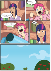 Size: 755x1057 | Tagged: safe, artist:afroquackster, pinkie pie, twilight sparkle, human, g4, comic, humanized, it's not equestria anymore, party cannon, ponytail, sweet apple acres