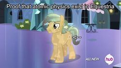 Size: 1280x719 | Tagged: safe, screencap, atomic crystal, beta particle, neighls bohr, crystal pony, pony, equestria games (episode), g4, atom, background pony, hub logo, image macro, meme, physics, science, solo