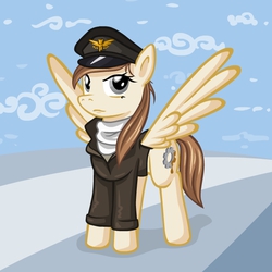 Size: 600x600 | Tagged: safe, artist:alevgor, oc, oc only, oc:greasette cogwheel, pegasus, pony, cap, clothes, female, hat, jacket, military, scarf, solo