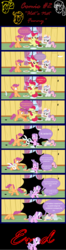Size: 3000x11442 | Tagged: safe, artist:magerblutooth, apple bloom, diamond tiara, scootaloo, sweetie belle, g4, cake, comic, crying, cute, cutie mark crusaders, fourth wall, hat, implied grimdark, missing accessory, nausea, ocular gushers, scissors