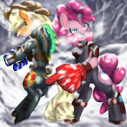 Size: 1224x1224 | Tagged: safe, artist:wonton soup, applejack, pinkie pie, g4, dead space, dead space 3, dock, foam finger, handgun, pixiv, snow, snowfall, tau volantis