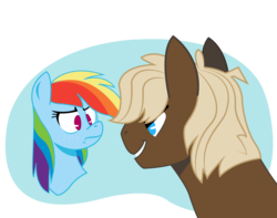 Size: 900x708 | Tagged: safe, artist:dbkit, dumbbell, rainbow dash, pegasus, pony, g4, blushing, dumbdash, duo, female, flustered, frown, male, shipping, simple background, smiling, straight, transparent background, tsunderainbow, tsundere