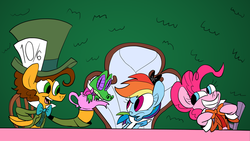 Size: 1280x720 | Tagged: safe, artist:joeywaggoner, cheese sandwich, gummy, pinkie pie, rainbow dash, g4, alice in wonderland, clothes, commission, cosplay, dormouse, mad hatter, march hare, parody, rainbow dash always dresses in style