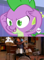 Size: 562x775 | Tagged: safe, edit, screencap, spike, dragon, human, equestria games (episode), g4, all new, drums, fire, hub logo, icarly, irl, irl human, jerry trainor, male, musical instrument, photo, pstandard psychic pstance, psychic powers, psychic spike, spencer shay, text, the hub