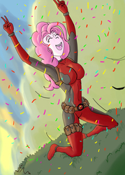 Size: 800x1120 | Tagged: safe, artist:kaji68, pinkie pie, human, g4, breasts, busty pinkie pie, clothes, cosplay, costume, deadpool, female, humanized, marvel, pinkiepool, solo