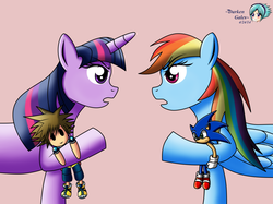 Size: 1024x765 | Tagged: safe, artist:darkengales, rainbow dash, twilight sparkle, pegasus, pony, unicorn, g4, argument, crossover, disney, duo, kingdom hearts, male, sonic the hedgehog, sonic the hedgehog (series), sora, unicorn twilight