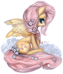 Size: 766x894 | Tagged: safe, artist:cizu, fluttershy, g4, braid, female, flower, flower in hair, flower in tail, looking at you, looking back, sitting, smiling, solo, spread wings