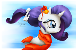 Size: 2550x1650 | Tagged: safe, artist:opticspectrum, rarity, pony, unicorn, g4, alternate hairstyle, clothes, female, ponytail, profile, ribbon, scarf, smiling, solo