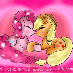 Size: 1024x1024 | Tagged: safe, artist:reginatheraccoonfox, applejack, pinkie pie, g4, duo, female, lesbian, ship:applepie, shipping, spanish, translated in the comments