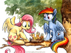 Size: 695x521 | Tagged: safe, artist:kenket, artist:spainfischer, fluttershy, rainbow dash, bird, pegasus, pony, g4, animal, duo, female, mare, nest, sitting, sitting in a tree, traditional art, tree, tree branch, watercolor painting
