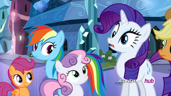 Size: 1280x720 | Tagged: safe, screencap, applejack, rainbow dash, rarity, scootaloo, sweetie belle, equestria games (episode), g4, animation error, hub logo