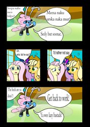 Size: 752x1062 | Tagged: safe, artist:chrisgotjar, applejack, fluttershy, seabreeze, twilight sparkle, alicorn, breezie, pony, g4, it ain't easy being breezies, my little pony: friendship is magic, angry, female, mare, misspelling, translation, twilight sparkle (alicorn), yelling