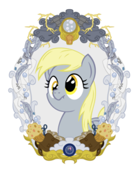 Size: 4800x6000 | Tagged: safe, artist:template93, derpy hooves, pegasus, pony, g4, absurd resolution, anvil, element of muffins, epic derpy, feather, female, frame, mail, mare, muffin, portrait, simple background, solo, transparent background