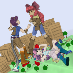 Size: 1222x1225 | Tagged: safe, artist:alloyrabbit, artist:arcum42, apple bloom, scootaloo, sweetie belle, human, kaiju, g4, building, camera, car, cardboard box, colored, cutie mark crusaders, humanized, macro, movie, tokusatsu