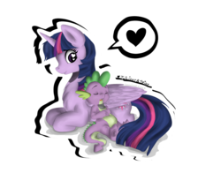 Size: 2300x1800 | Tagged: safe, artist:drawing-heart, spike, twilight sparkle, alicorn, dragon, pony, g4, female, heart eyes, male, mama twilight, mare, ship:twispike, shipping, simple background, sleeping, spikelove, straight, transparent background, twilight sparkle (alicorn), wingding eyes
