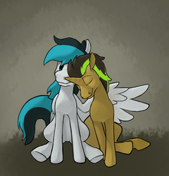 Size: 900x938 | Tagged: safe, artist:enma-darei, oc, oc only, pegasus, pony, unicorn, gay, male, nuzzling, shipping