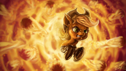 Size: 1920x1080 | Tagged: safe, artist:assasinmonkey, applejack, earth pony, pony, g4, awesome, badass, explosion, female, fire, fireproof boots, mare, solo, wallpaper