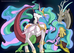 Size: 1500x1067 | Tagged: safe, artist:thecuriousfool, discord, princess celestia, alicorn, draconequus, horse, pony, g4, celestia is not amused, fangs, female, grin, gritted teeth, impending manecut, impossibly long hair, impossibly long tail, long mane, long tail, male, personal space invasion, raised hoof, scissors, seduction, ship:dislestia, shipping, smiling, straight, tail seduce, unamused