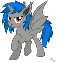 Size: 1280x1426 | Tagged: safe, oc, oc only, oc:homage, alicorn, bat pony, bat pony alicorn, pony, unicorn, fallout equestria, alicorn oc, bat wings, fanfic, fanfic art, fangs, female, horn, lidded eyes, looking at you, mare, open mouth, red eyes, simple background, smiling, solo, spread wings, transparent background, wings