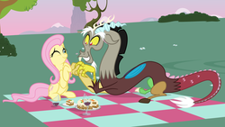 Size: 1024x576 | Tagged: safe, artist:nstone53, carrot cake, discord, fluttershy, fanfic:bride of discord, g4, picnic, ship:discoshy, shipping