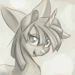 Size: 1024x1024 | Tagged: safe, artist:ruby, twilight sparkle, g4, bow, female, grayscale, monochrome, solo