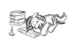 Size: 1503x837 | Tagged: safe, artist:geminishadows, trixie, pony, unicorn, g4, book, candle, drool, female, mare, monochrome, sleeping, solo, traditional art