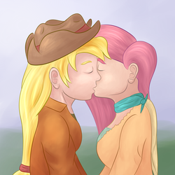 Size: 2000x2000 | Tagged: safe, artist:ponyway, applejack, fluttershy, human, g4, duo, female, high res, humanized, kiss on the lips, kissing, lesbian, ship:appleshy, shipping