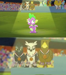 Size: 640x720 | Tagged: safe, screencap, bulk biceps, fleetfoot, fluttershy, gaston, giselle, irma, natalya, rainbow dash, soarin', spike, spitfire, griffon, equestria games, g4, griffon team, the equestria games