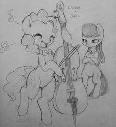 Size: 960x1055 | Tagged: safe, artist:ayahana, octavia melody, pinkie pie, earth pony, pony, g4, bipedal, cello, grayscale, monochrome, musical instrument, traditional art